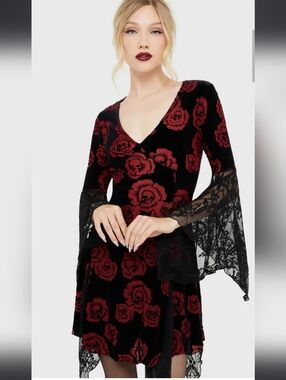 Killstar Black and Red Velvet Floral Mini Dress with Lace Bell Sleeves